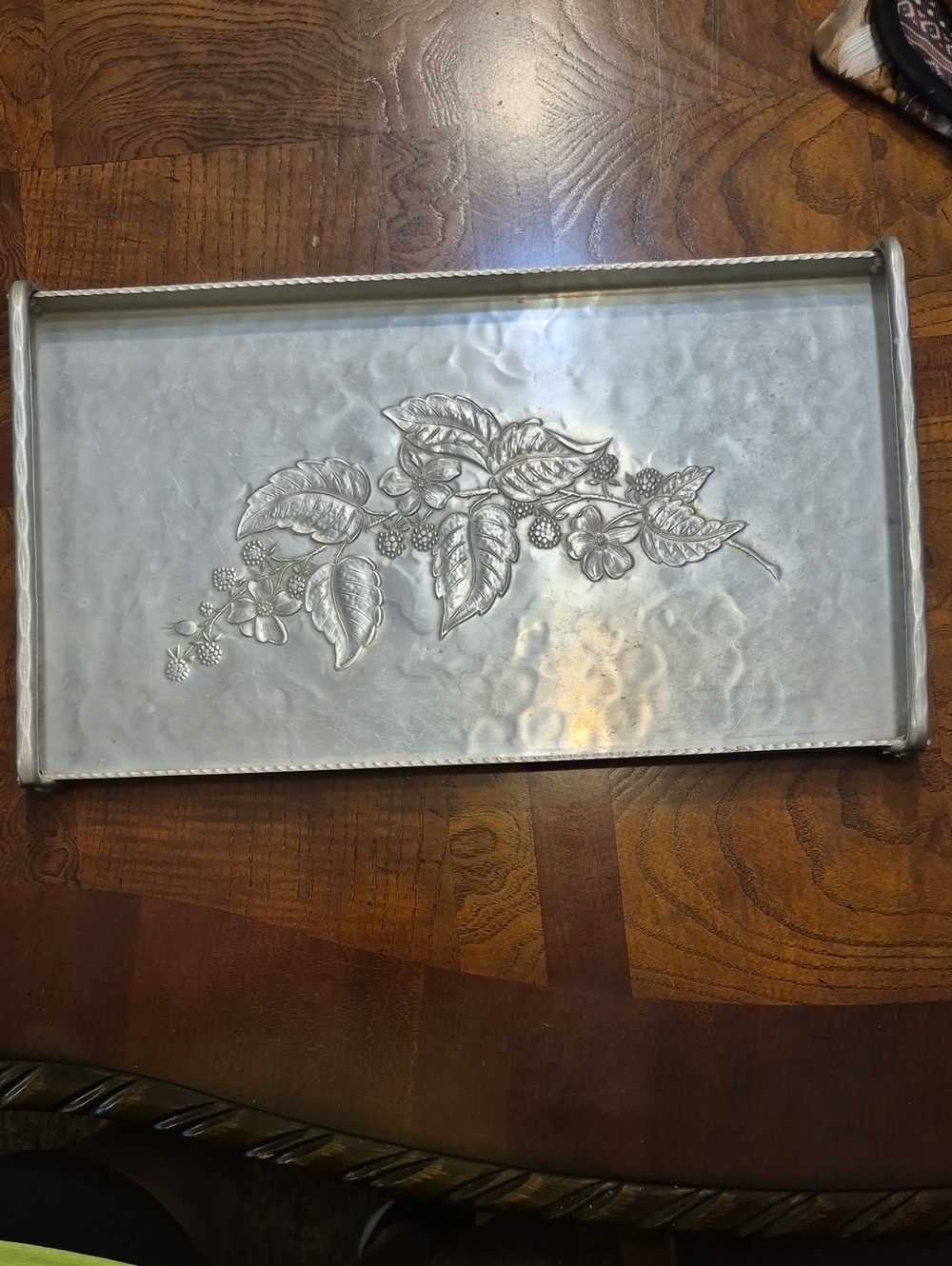 Antique Hand Forged, Everlast Metal,Decorative Silver Floral Metal Tray - Silver